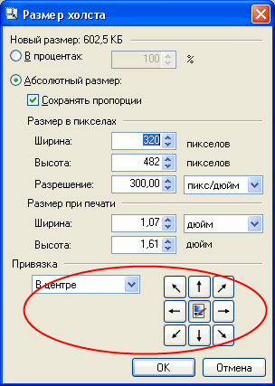 Окно изменения размера холста